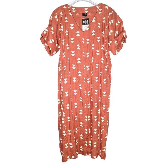 Lisa Bayne Orange V-Neck Short Sleeve Linen Dress Triangle Print Cuffed Sleeve M - Picture 1 of 10